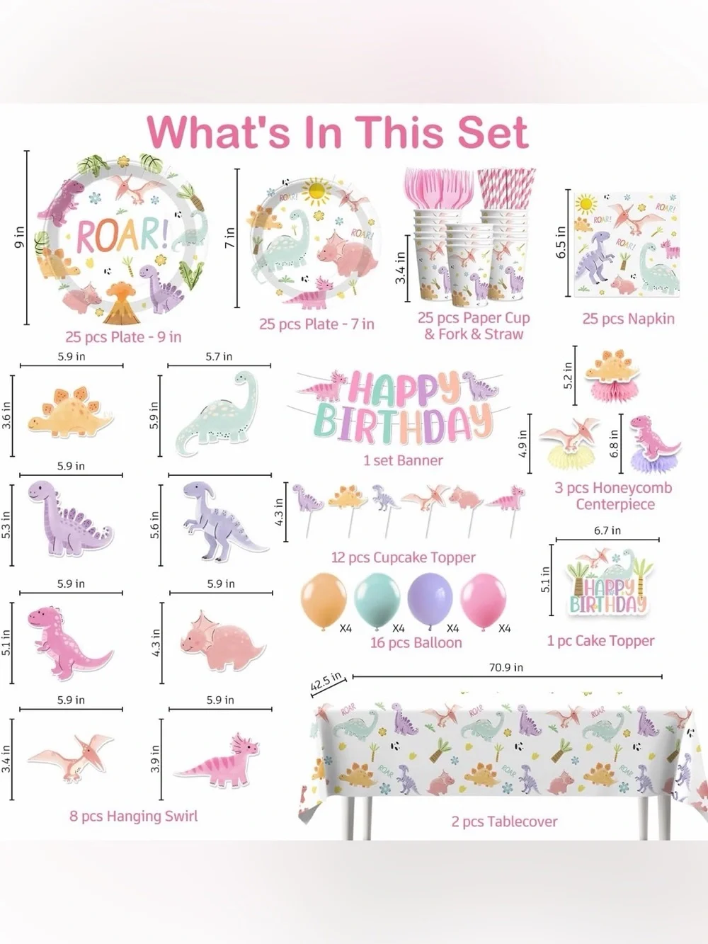 Pastel Dino Birthday Party Kit - Pink, Purple, Mint
